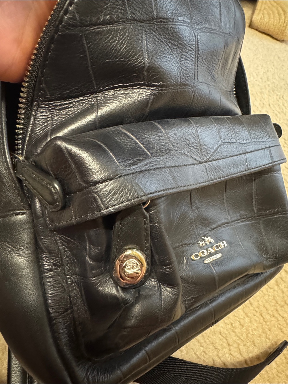 Coach Black Croc-Embossed Leather Mini Backpack with Front Pocket - Picture 7 of 8